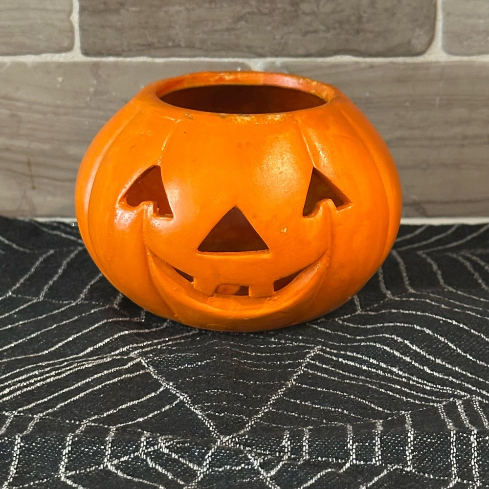 🎃 Vintage Ceramic Orange Pumpkin Jack-o’-Lantern Candle Holder 4.5” x 3”